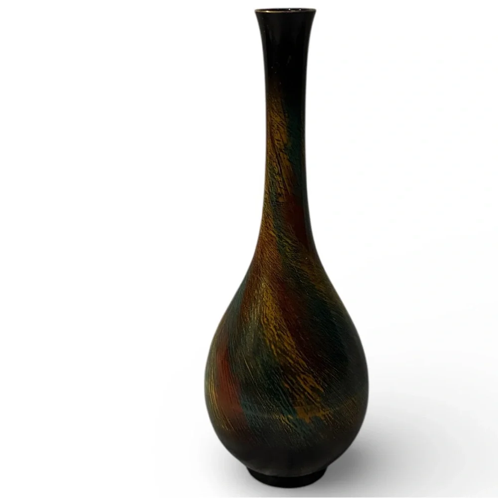 Toyo Vase W/ Original Sticker 7” Multicolor Ceramic Vase Metal Multicolor